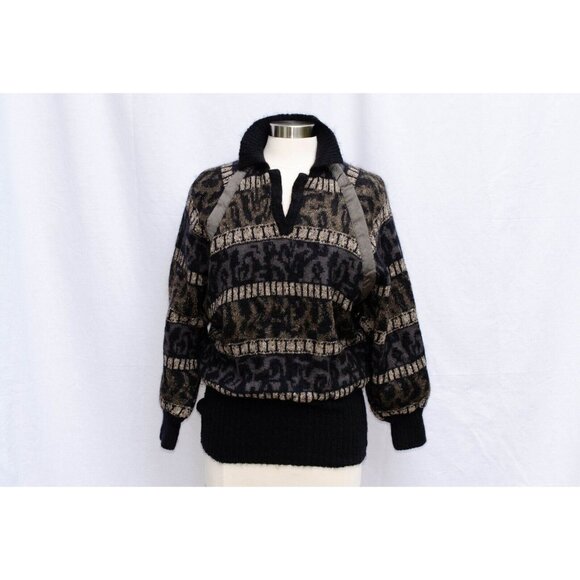 Escada Sweaters - Vtg ESCADA Mohair Wool Pullover Black Gray Beige Dolman Sleeves Soft Lining